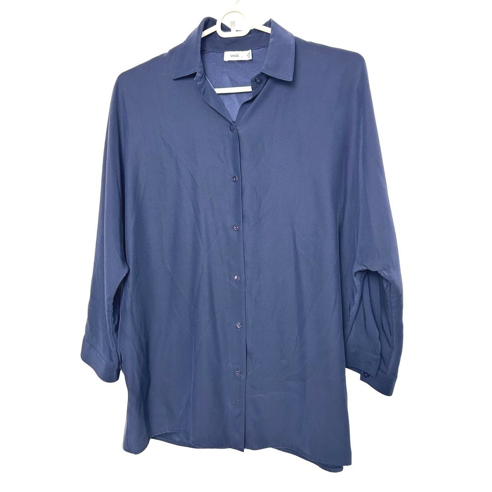 Vince 100% silk Button Down Shirt women M Navy Blue Relaxed Fit Minimalist Chic